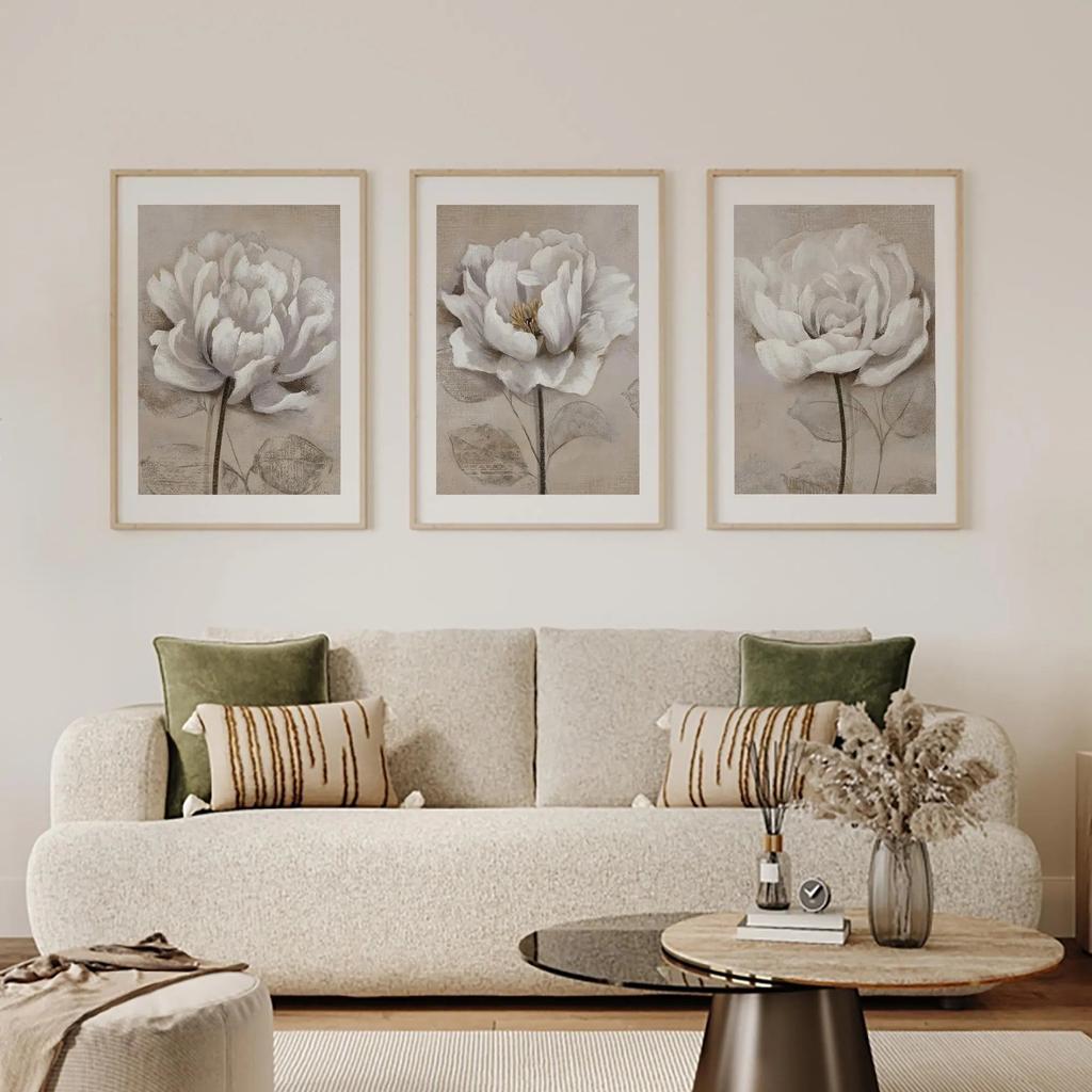 White Peony Wall Art Set, Neutral Textured Beige Floral Botanical Canvas Prints, Wabi Sabi Scandinavian Home Decor Perfect Gifts