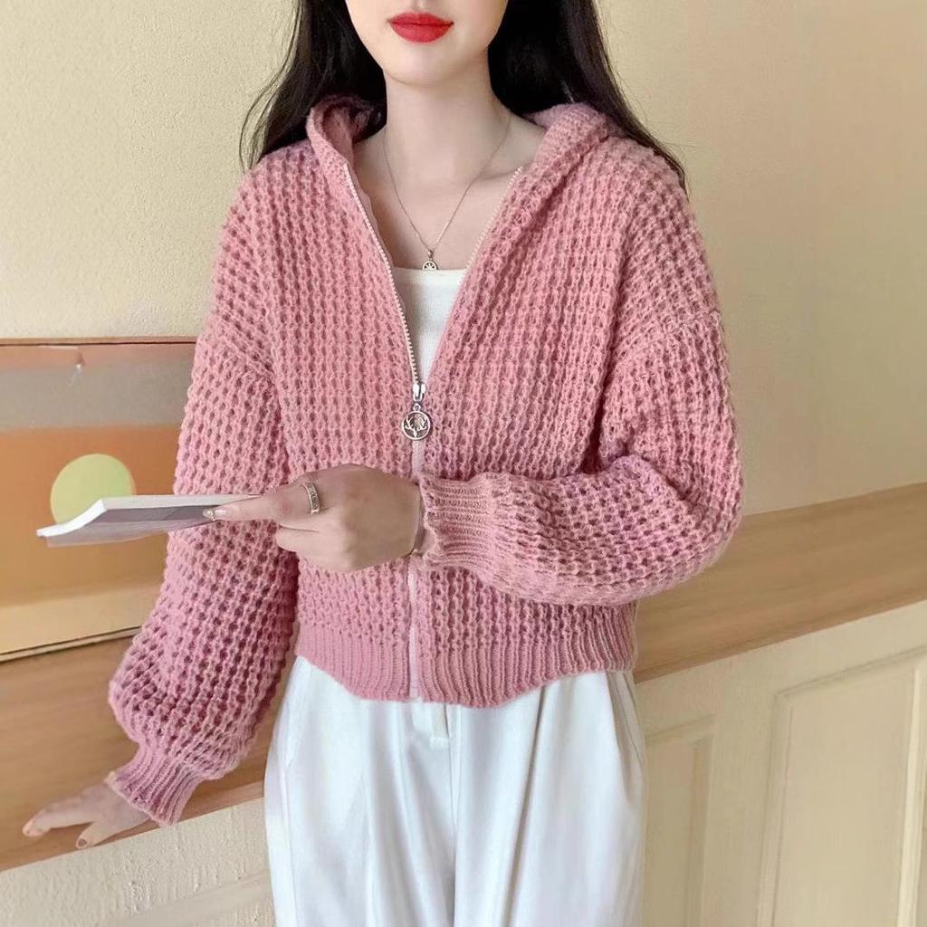 Korean Style Women's High Collar Thick Knit Zipper Sweater Jacket