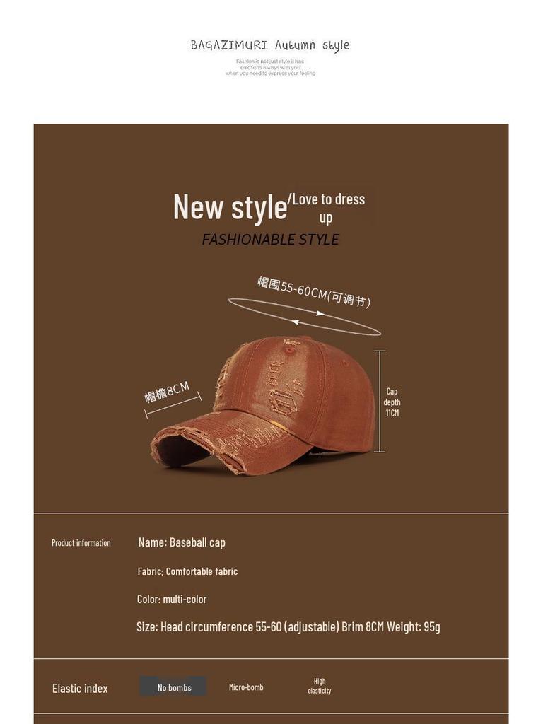 Spring & Autumn Distressed Duckbill Cap - Curved Brim, Ripped Edges, Unique Style Sunshade Hat