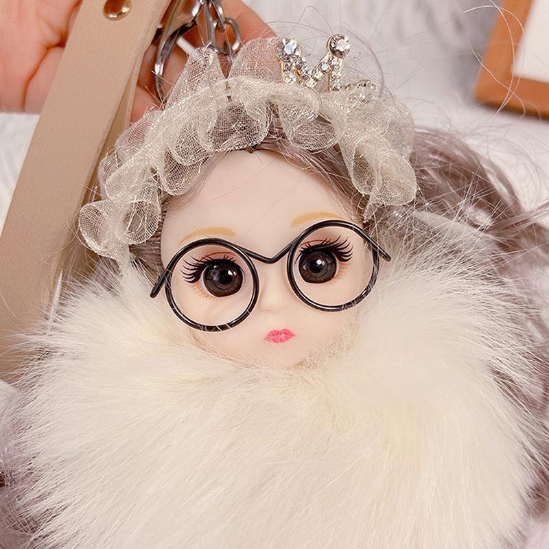 Søt Pompom Nøkkelring Ekte Rev Plysjball Nøkkelring Plysj Brilledukke Anheng Nøkkelholderkjede