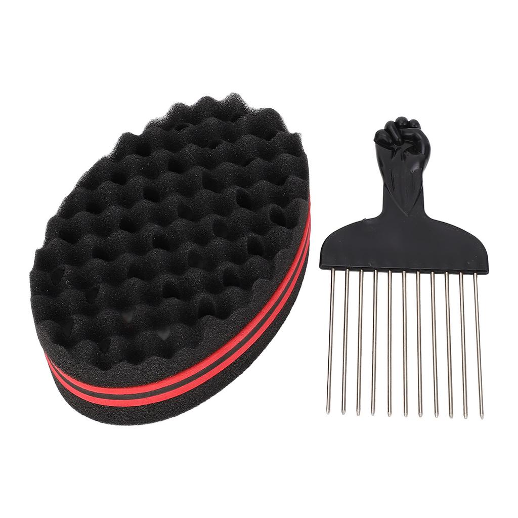 2pcs Afro Twist Hair Pick Comb and Hair Sponge Curl Double Sides Sponge Steel Brush Set for Men