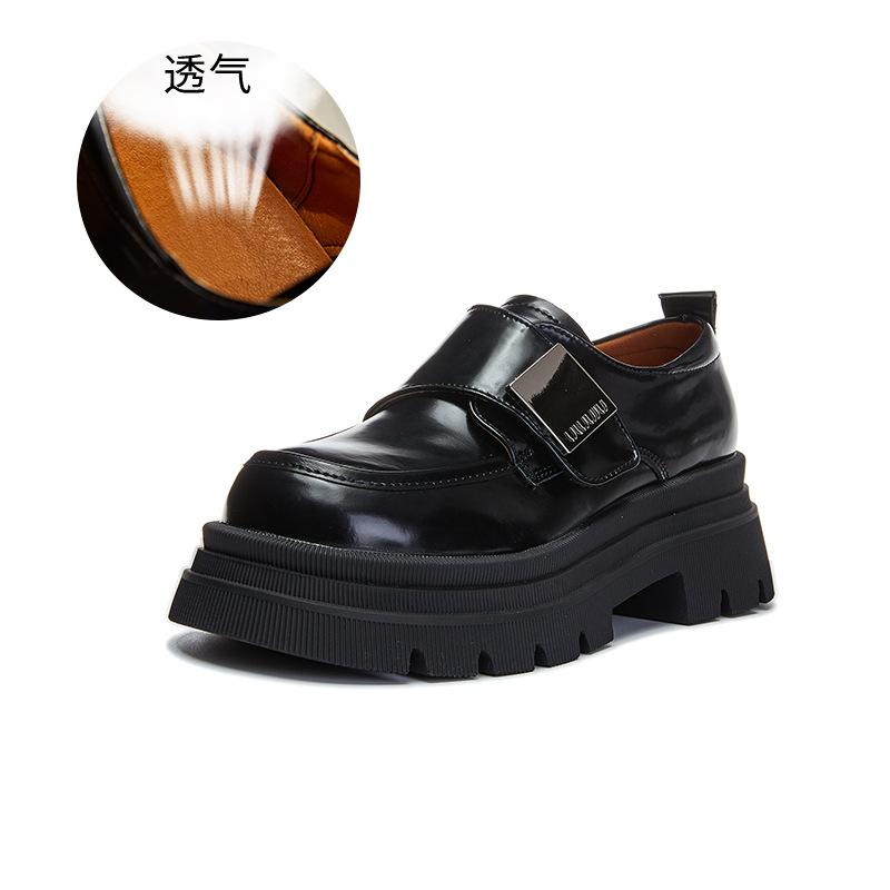 

Кожаные мокасины женские 2025 весна новый британский стиль липучки одинарные туфли женские повседневные универсальные увеличивающие рост маленькие кожаные туфли 40 чёрный