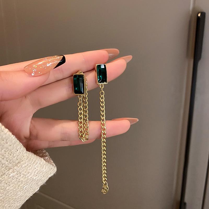 Advanced Temperament Elegant Rhinestones Eearrings for Women's Jewelry Accessories Gifts Silver Needle Medieval Green lGeometric Square Design Arrings
