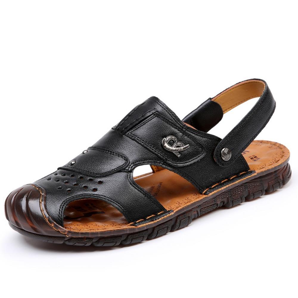Men's Genuine Leather Sandals Summer Outdoor Breathable Open Toe Casual Beach Shoes Trendy Hollow Design