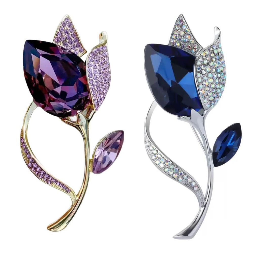 Luxury Lapel Pins Crystal Clothes Suit Accessories New Tulip Flower Brooch  For Women