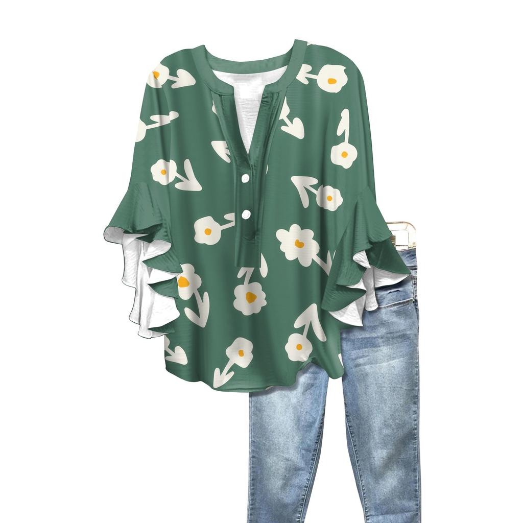 Summer Women's Tops V-Neck Seven Sleeve Shirt Spring Summer Floral Printed Tops Casual Shirt