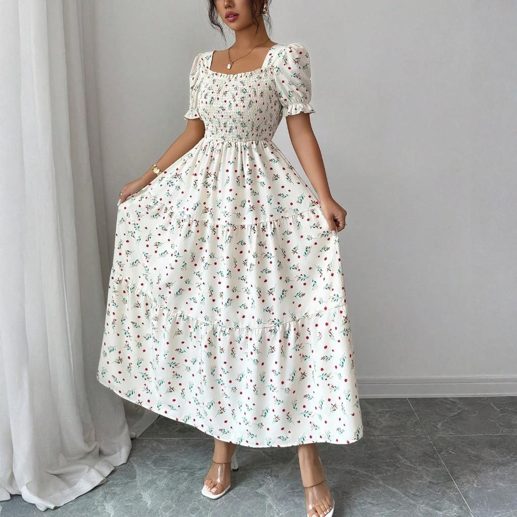 Women’s Square Neck Puff Sleeve Smocked Bodice Tiered Maxi Dress with Floral Print and Ruffle Hem Casual Style