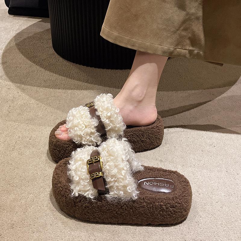 Fairy wind thick bottom fluffy drag girl wearing ins trendy small fragrant wind 2025 new autumn and winter French lazy cotton slippers