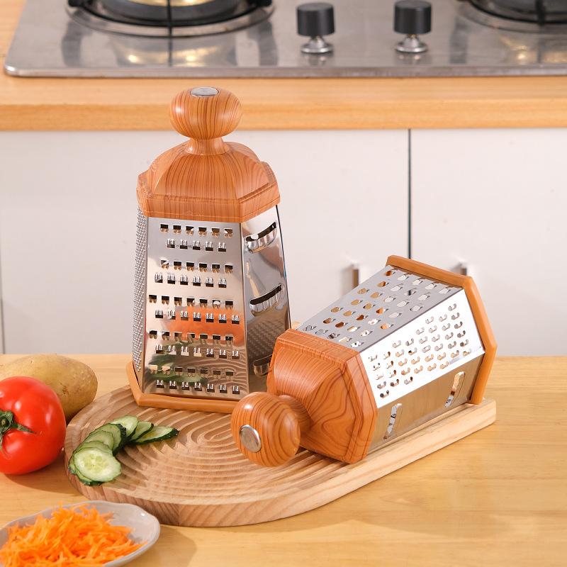 Kitchen multi-functional shredding artifact, potato slicer, six-sided vegetable planer, imitation wooden handle, melon fruit wiping silk, four-sided