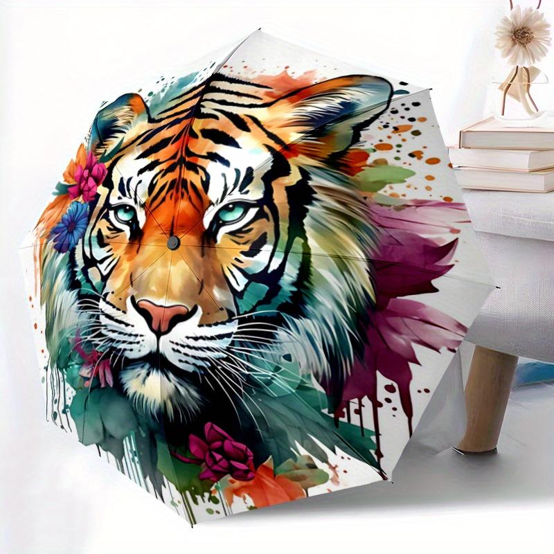 1pc Colorful Tiger Portrait with Floral Elements Durable Cartoon Folding Umbrella, Portable 3-Fold Compact Umbrella for Men and Women, Suitable f