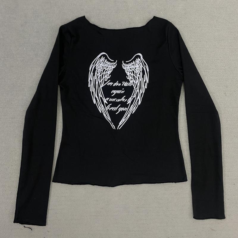 Y2K Spring and Autumn slim fit sexy round neck women's printed gothic style spicy girl long sleeved top