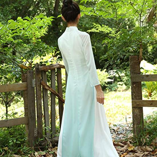 Ao Dai Ao Dai Style Long Chiffon Dress and Green Size [TRTRO] Dress, (White Gradient, M)