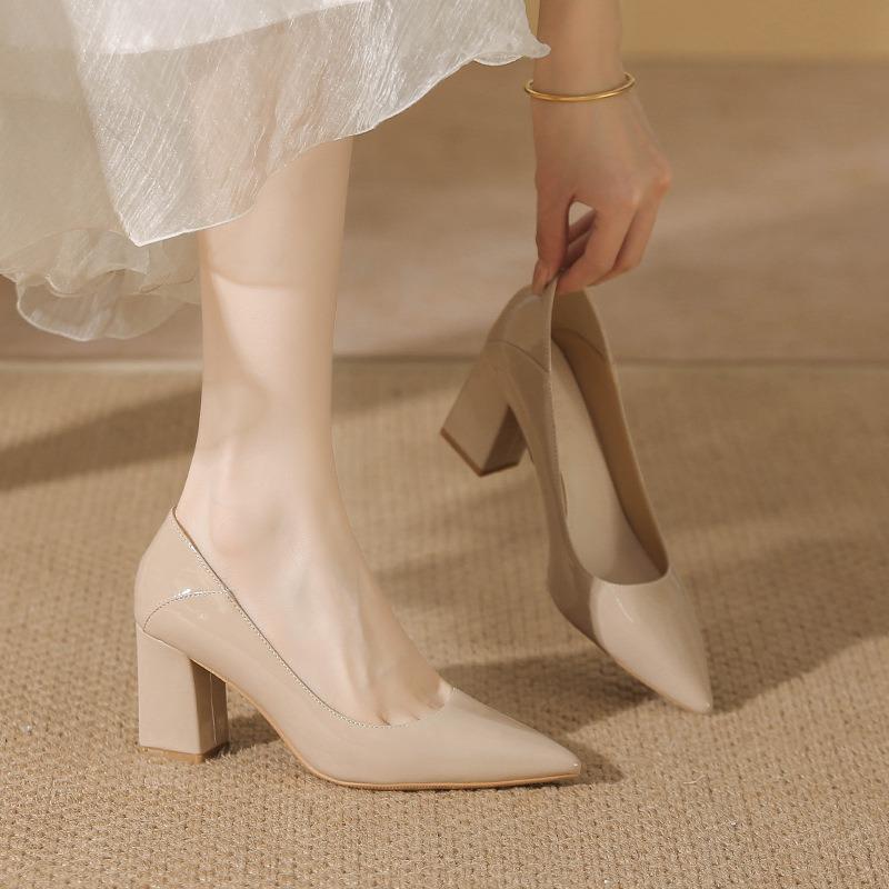 Nude High Heels Spring and Summer New Temperament Pointed Head Light Mouth Commuter Work Shoes Fashion Thick Heel Single Shoes Women