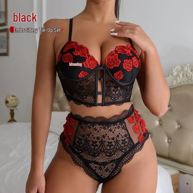 

Премиальный кружевной комплект с вышивкой и завязками для кокетливых женщин, 2024 XXL чёрный