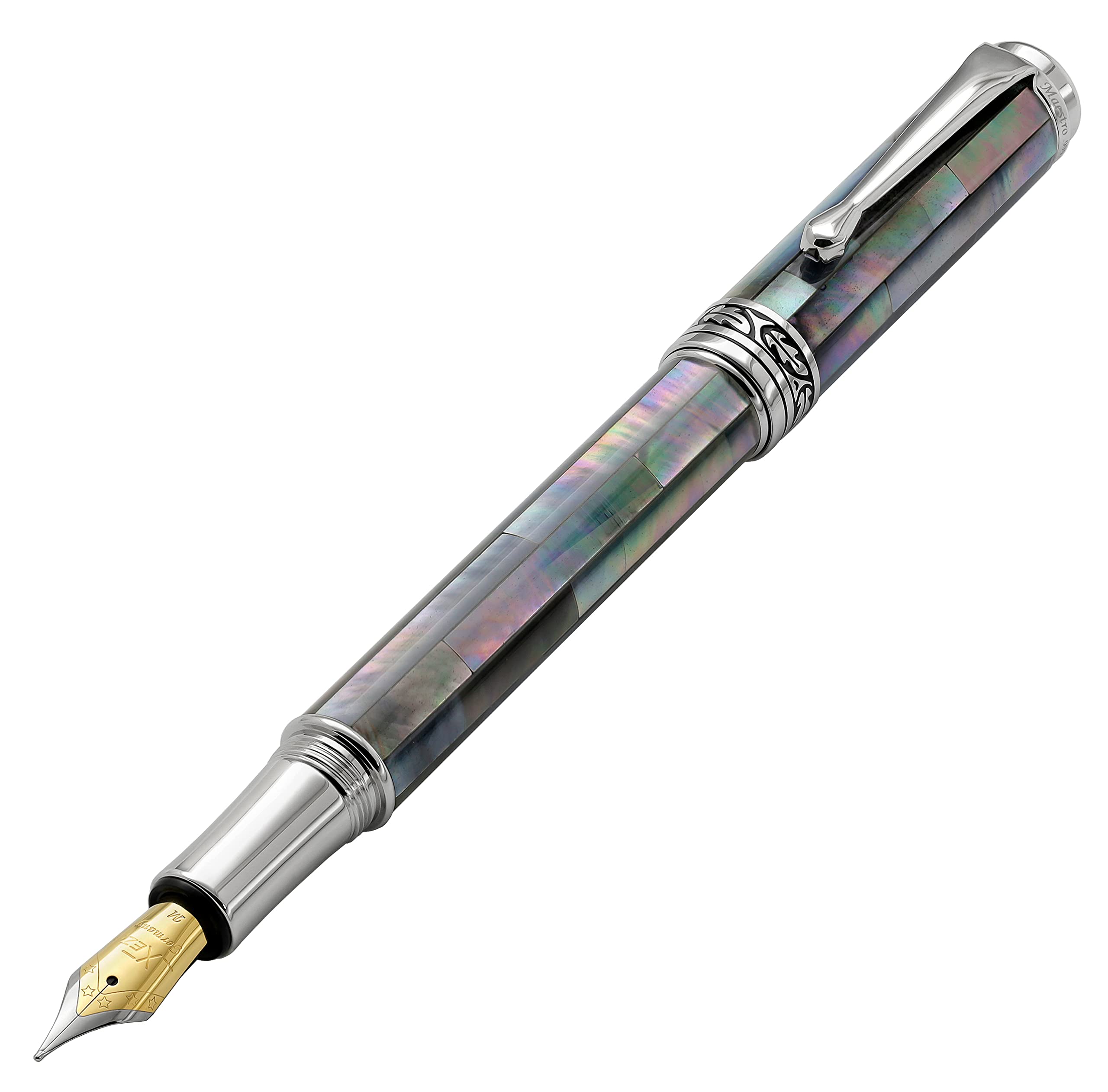 

Xezo Maestro Medium Nib Fountain Pen Handcrafted with Black Mother of Platinum Limited Serialized Pearl. Plated. Edition,
