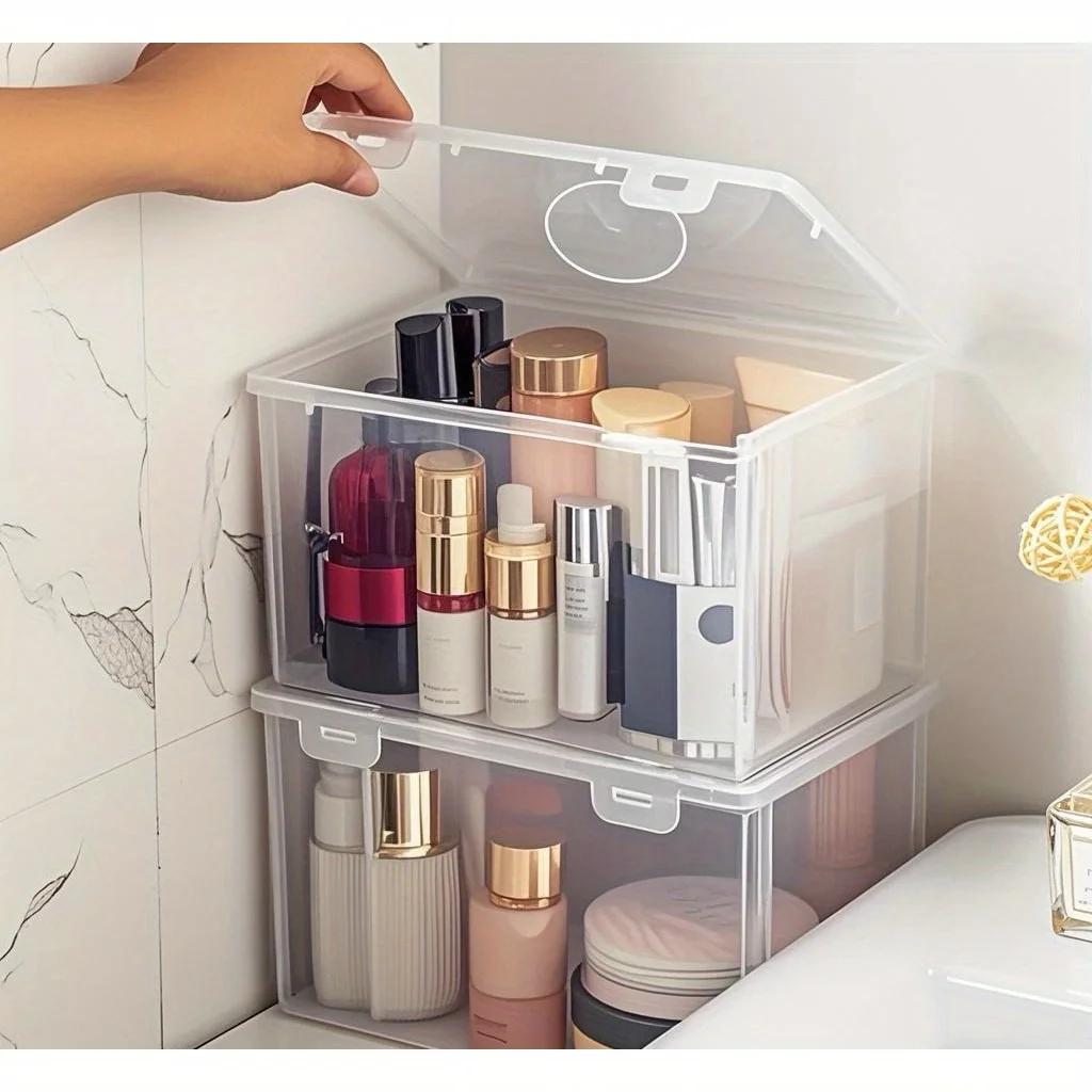 1Pc Large Rectangular Plastic Box, Transparent Stackable Storage Box with Lid, Lightweight Plastic Container