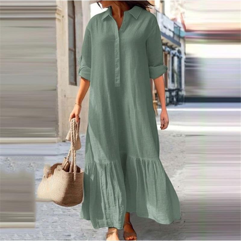 Damen Leinen Hemdkleid Revers 3/4 Ärmel Rüschensaum Locker Lang Maxikleid