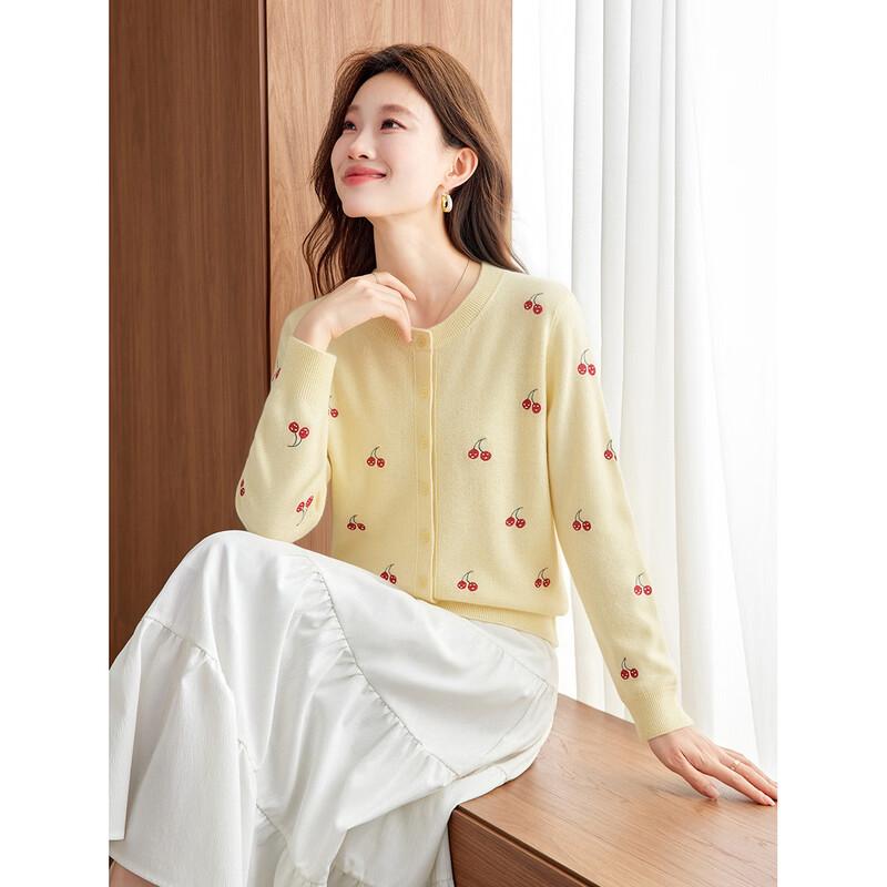 Shexi Women's Pure Cashmere Cherry Jacquard Cardigan