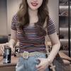 T-shirt a righe vintage estiva con ricamo per donna