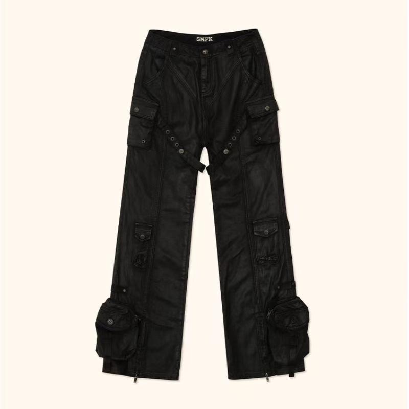 

Black Panther Waxed Flare Work Pants with Pockets by SMFK - Zhang Miaoyi Style, Spring Collection. Small