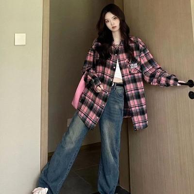 Vintage rutiga skjortor för kvinnor våren avslappnad långärmad lös skjorta för kvinnor Kvinnlig High Street Oversized Top