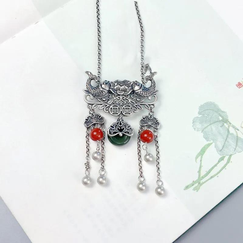 Exaggerated Ethnic Style 925 Sterling Silver Fish Lotus Pendant Necklace for Women with Safety Buckle