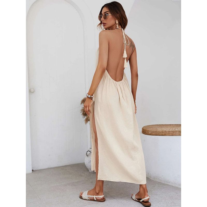 Sexy Backless Halter Dress European and American Sexy Big Backless Seaside Vacation Hanging Neck Dress Women