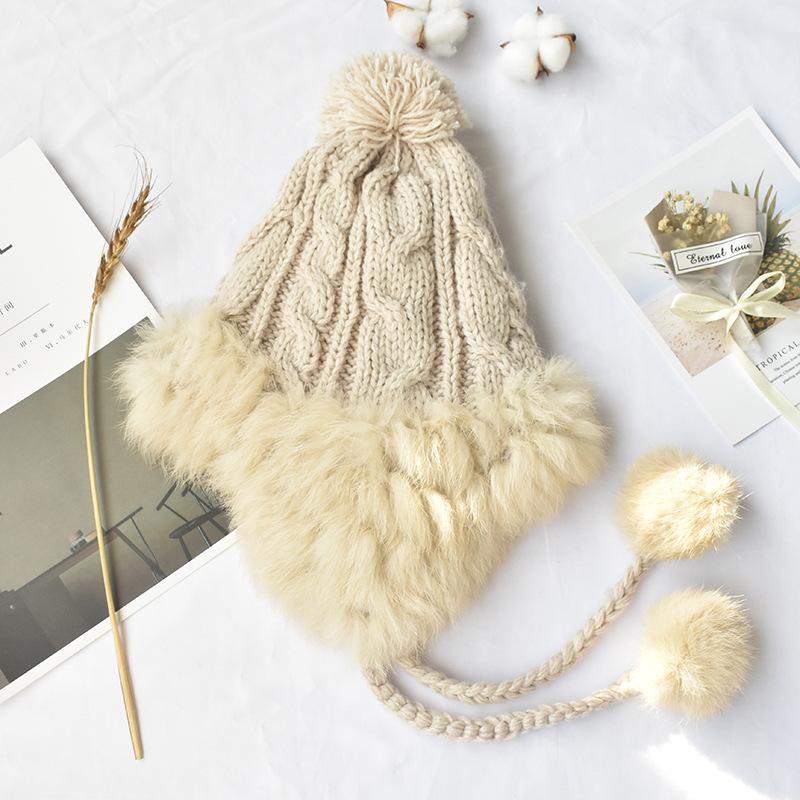 

Cute wool hat women s autumn and winter hat ear protection warm hairball rabbit hair hat thick knitted hat M（56-58cm） бежевый