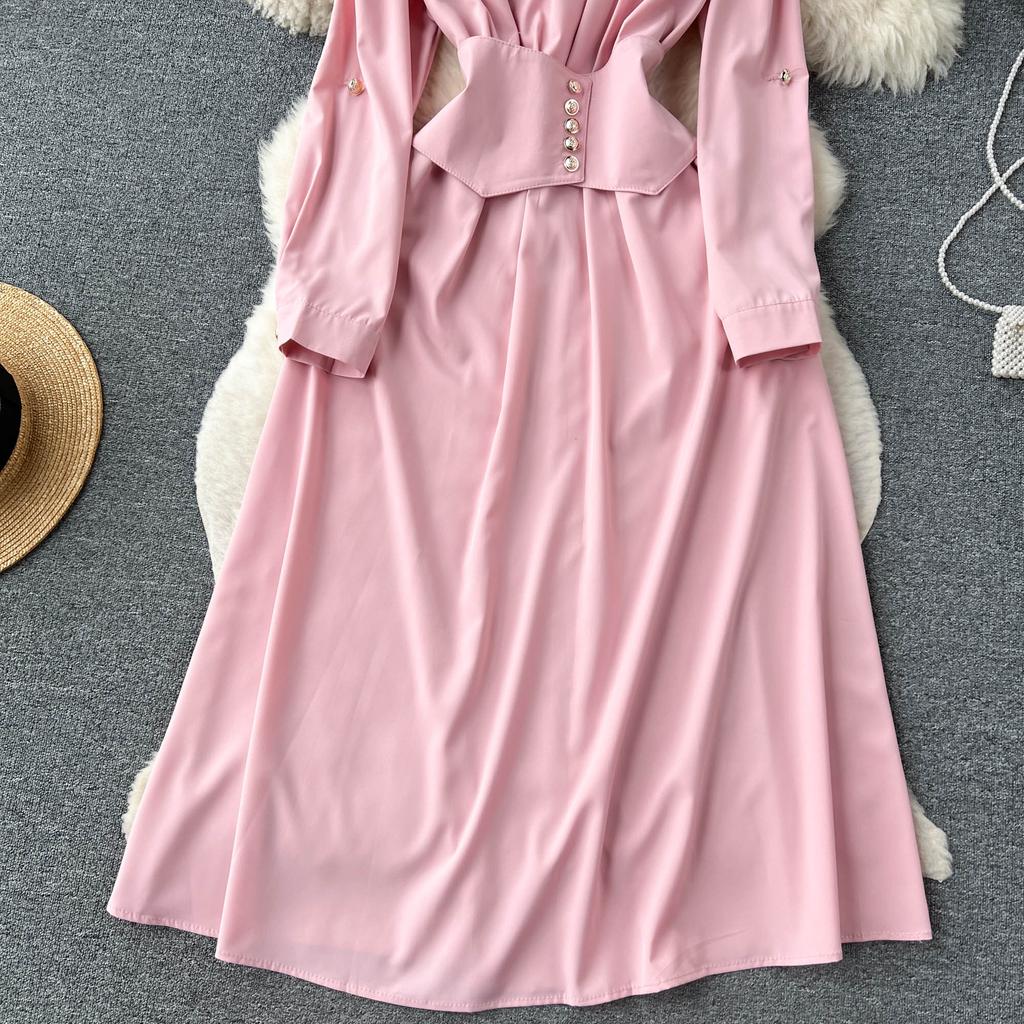 Aibeautyer nuevo Vintage Primavera Verano sólido ajustado botón vestido completo de señora una línea cuello vuelto gasa pulóver vestidos de mujer