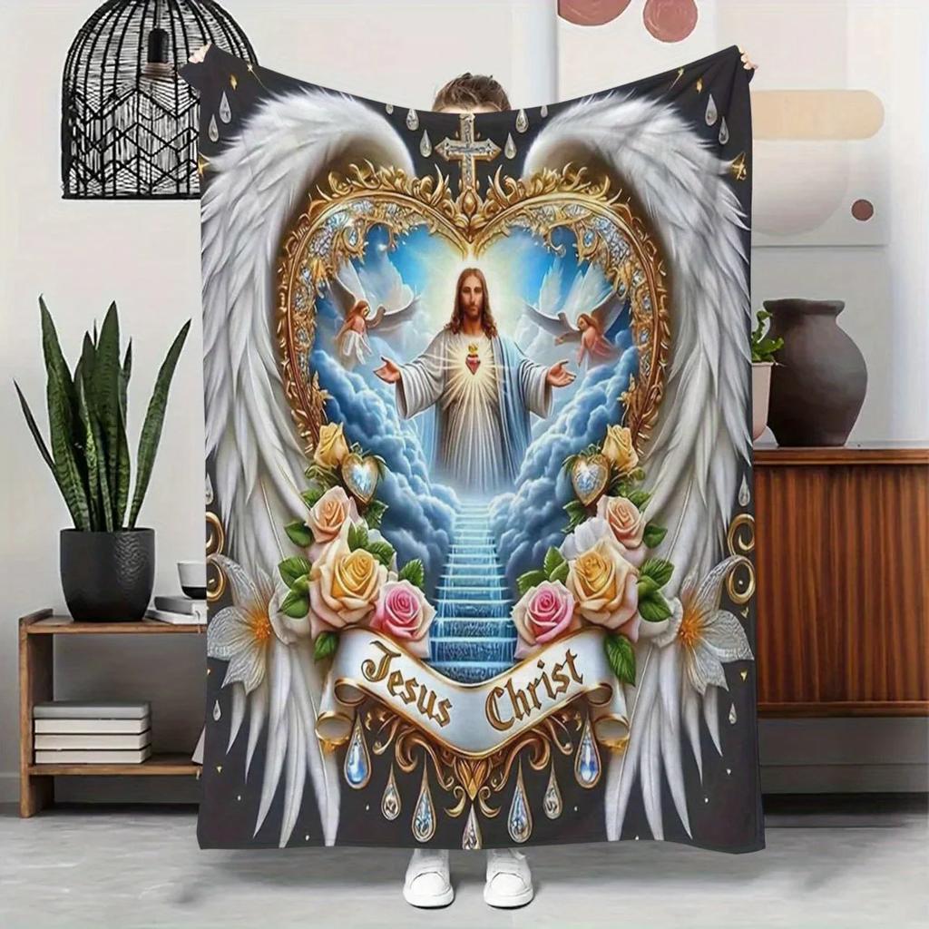 Jesus Christus Engelsherz-Flanelldecke – weich, kuschelig und maschinenwaschbar, religiöses Design mit Rosen und goldenen Akzenten