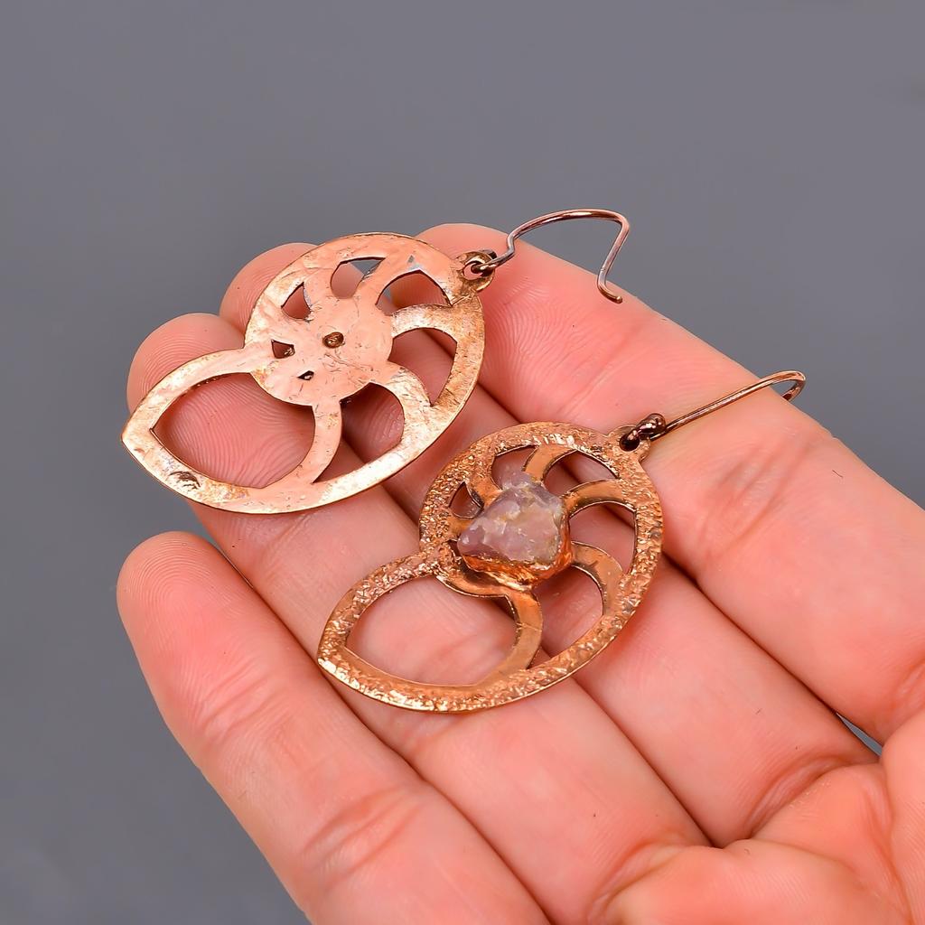 Natural Pink Sapphire Copper Dangle Daughter Gift Electroformed Earrings Jewelry V-103
