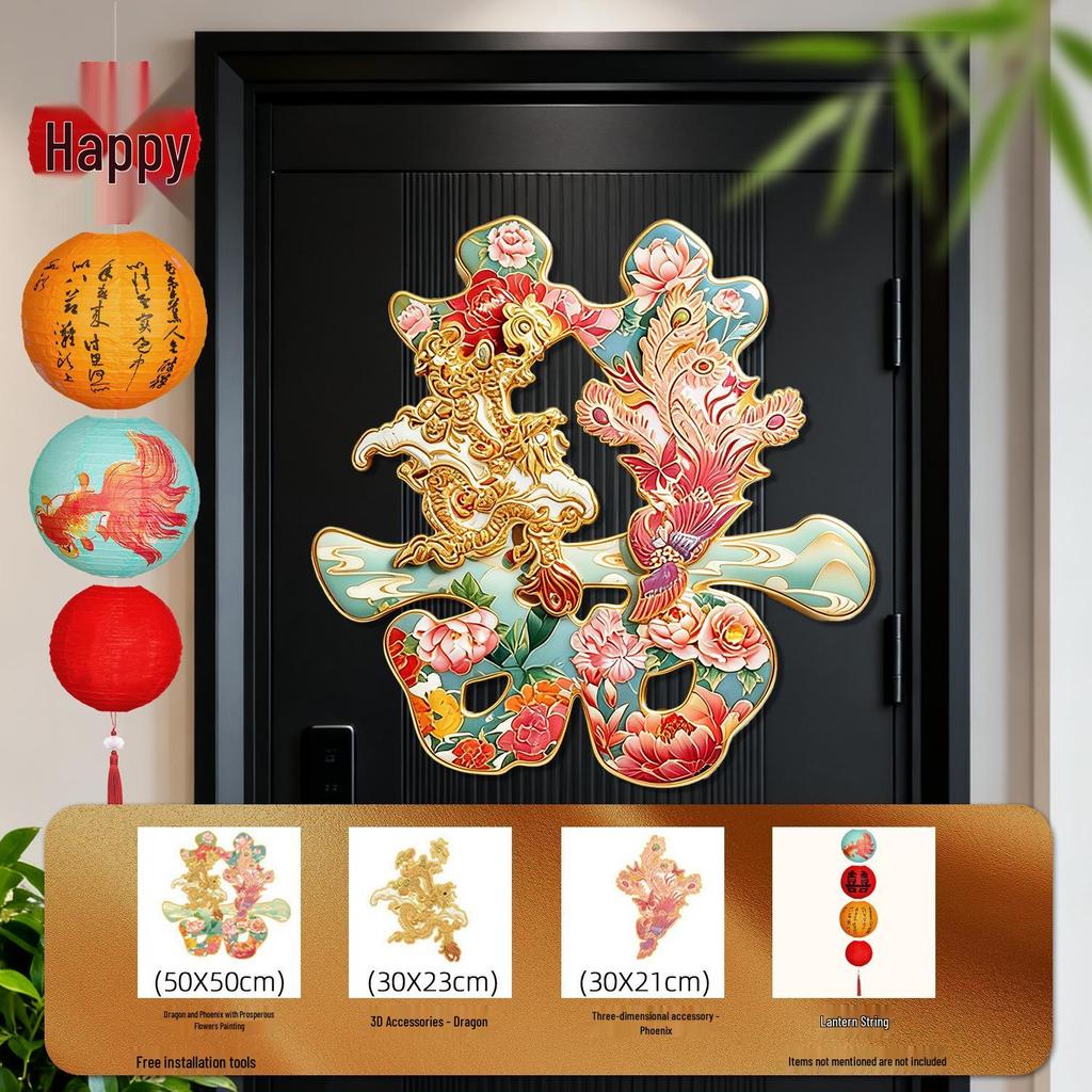 3D Dragon and Phoenix 'Xi' Character KT Board for Wedding Room Atmosphere - Living Room, Bedroom, or Bedside Wall Decoration