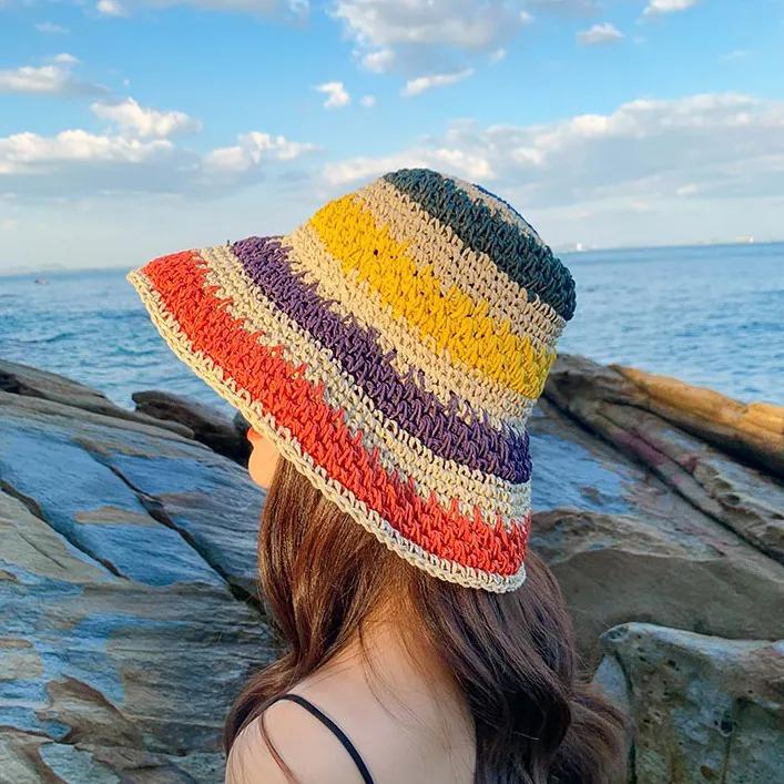 WTEMPO Coloful Striped Hollow-out Sun Hats Retro Elegant Summer Beach Sunscreen Hats Wide Brim Foldable Large Hats