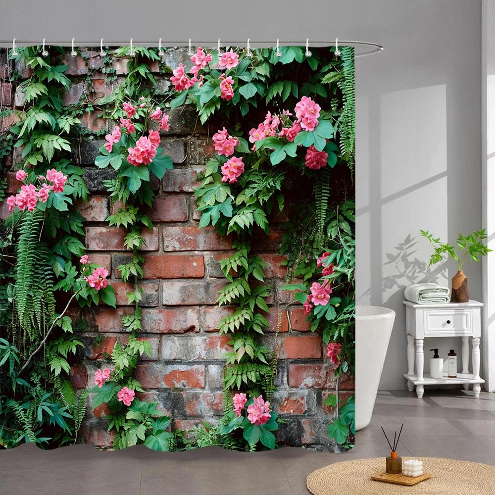 Outdoor Garden Poster Shower Curtain Vintage Window Wall Growing Floral Plants Polyester Fabric Shower Curta Bathroom Decor
