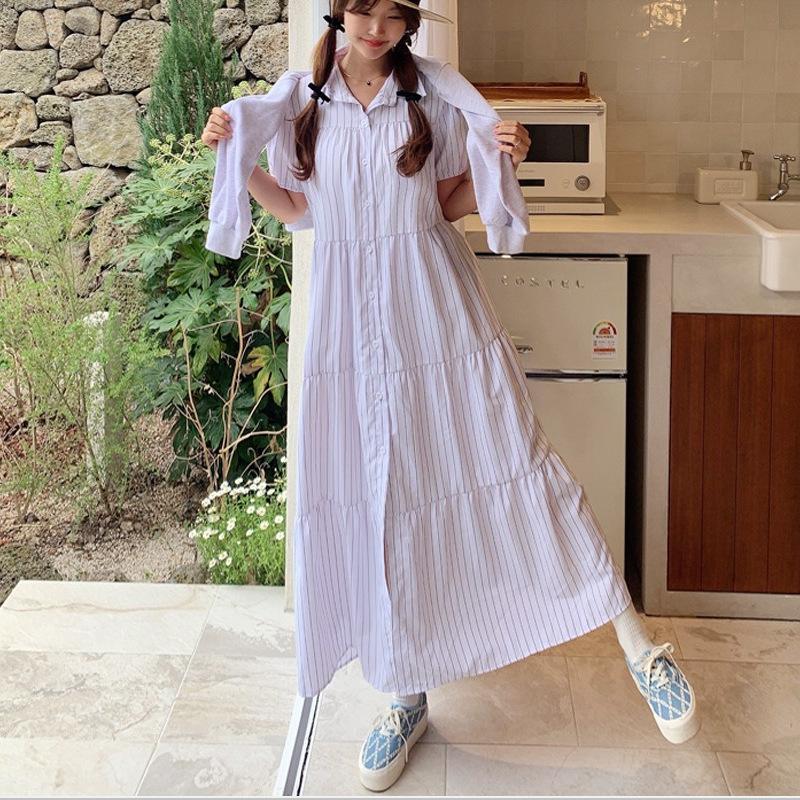 Striped Short-sleeved Shirt Dress, Knee-length Long Style, Belt for Slimming, Patchwork Loose Style, Covering Up and Slimming Effect, One-piece Dress