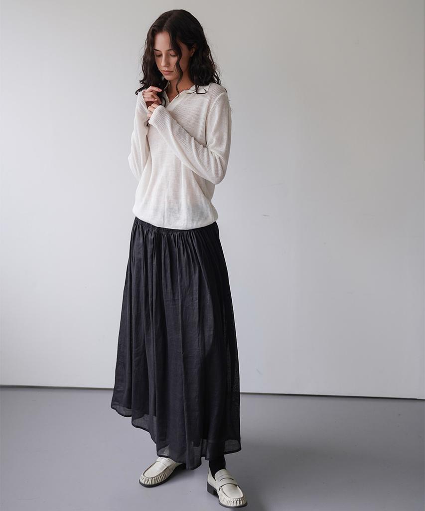 Cool Kitten Flare Long Skirt With Shirred Waist Detail (Black)
