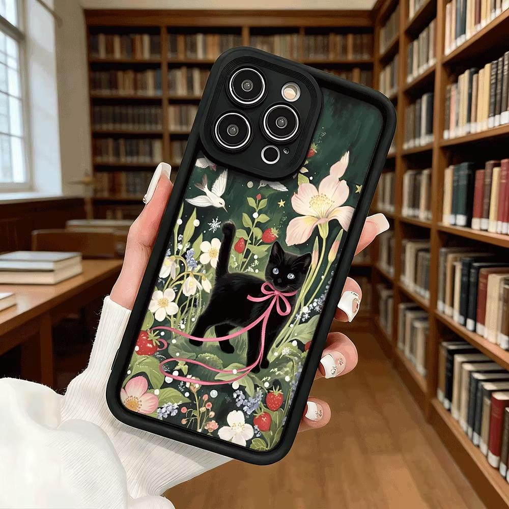 Black Cat in Flower Garden Soft TPU Phone Case For Samsung Galaxy S23 S24 S25 S26 Ultra S22 S21 S20 Plus FE A35 A55 A56 Cover