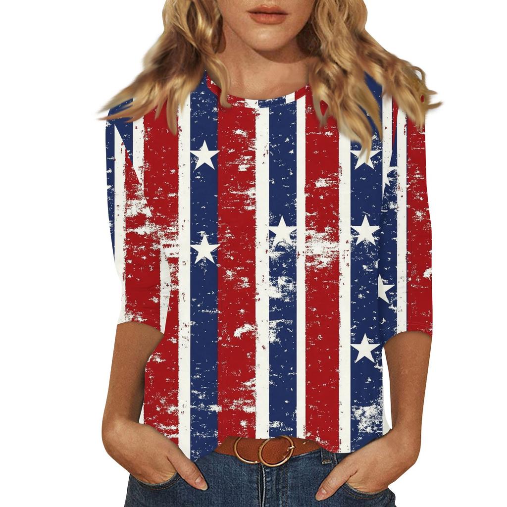 Damenmode Lässig Rundhals Bedrucktes 3/4 T-Shirt Top