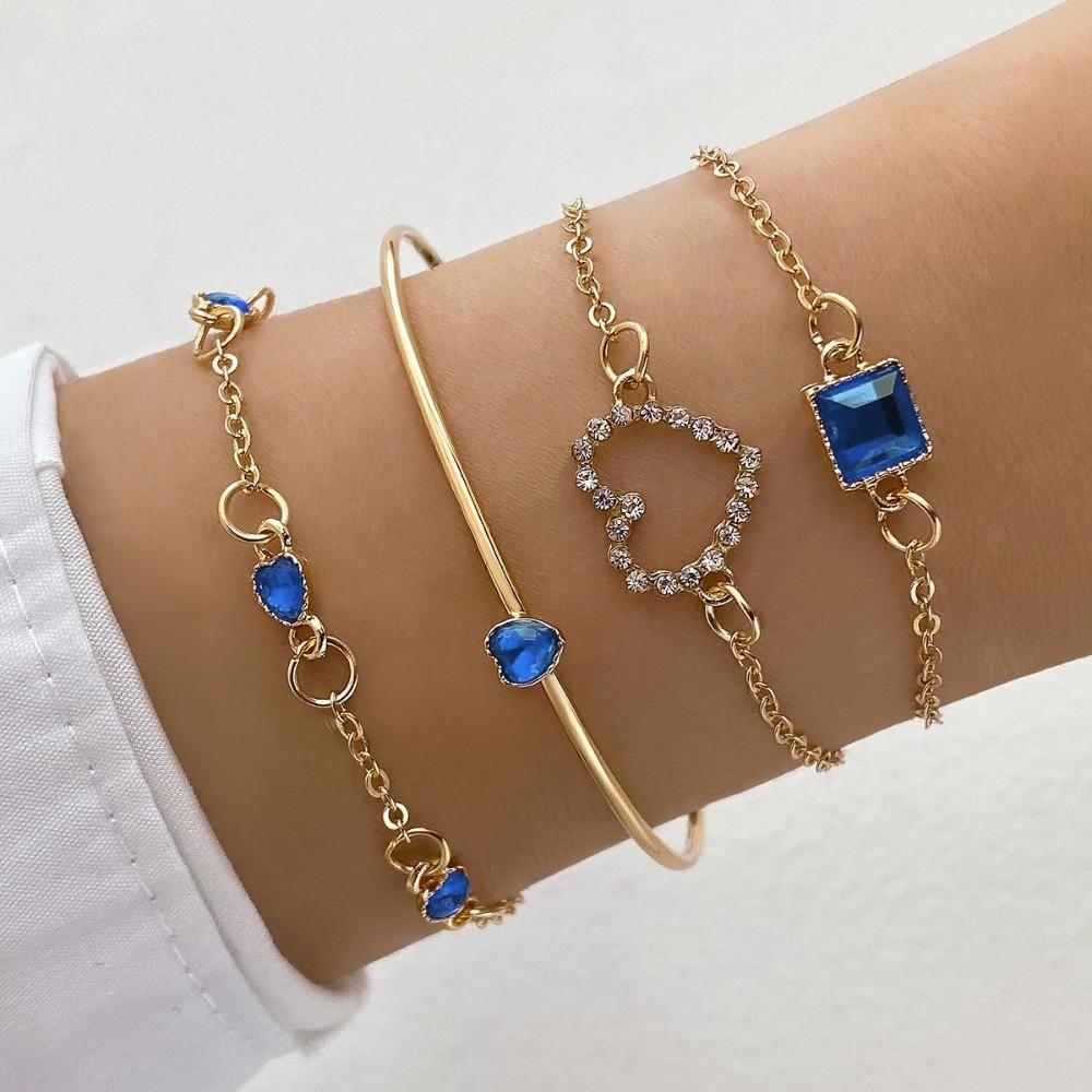 

4 Pcs/Set Lightweight Heart Bracelet Stackable Cubic Zircon Bracelet Zinc Zinc Alloy U-Bangle Set Gift синий