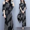 Fashion Suit Women's Summer Korean Style Loose Slim Off-Shoulder Top Wide-Leg Pants Two-piece Set