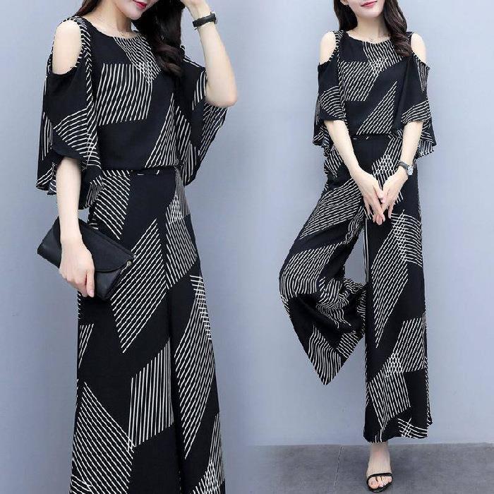 Fashion Suit Women's Summer Korean Style Loose Slim Off-Shoulder Top Wide-Leg Pants Two-piece Set