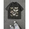 European Size D Acid-Washed Black T-Shirt with Moths Butterflies Nature Print -Light Gray Ripped Jeans and Sneakers,Casual Trendy Artistic Graphic Tee