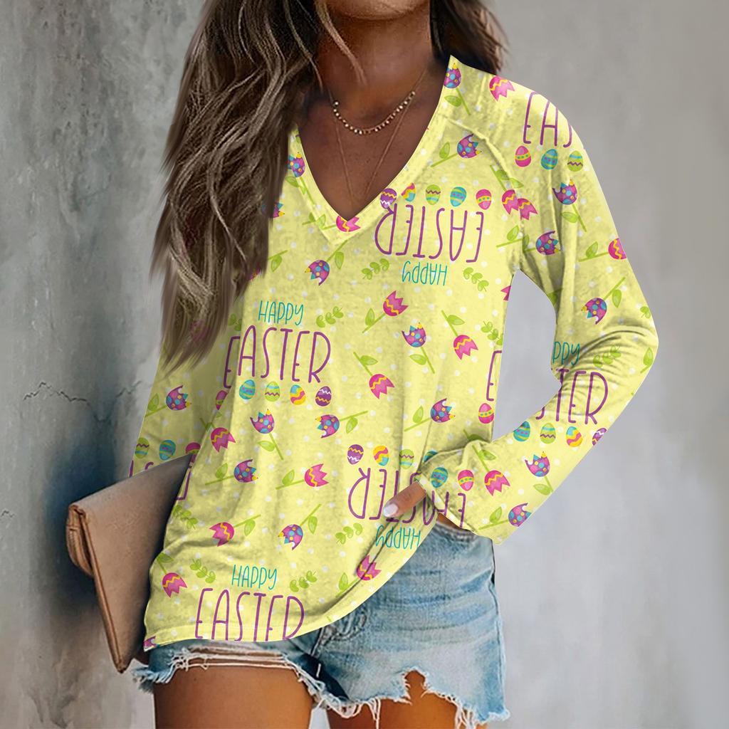 Women's Long Sleeve Plunger Sleeve Easter Print Casual Top T-Shirt