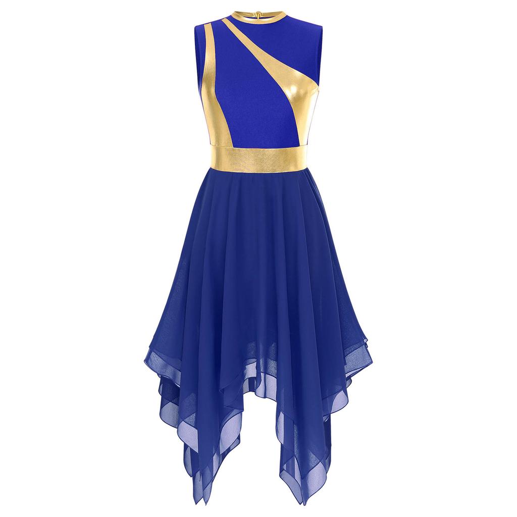 Womens Modern Lyrical Dance Costume Color Block Patchwork Sleeveless Irregular Hem Dress Dancewear