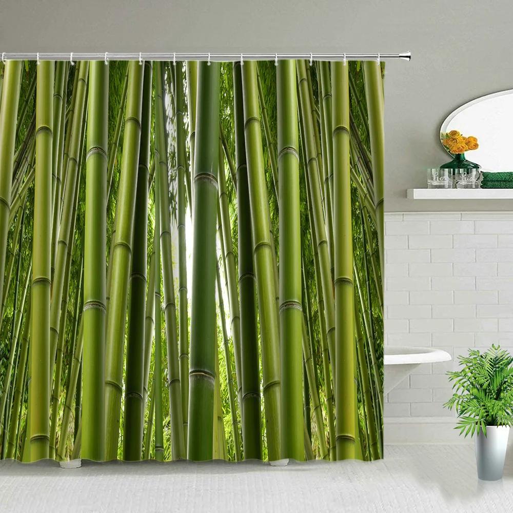 Yellow Green Bamboo Lotus Shower Curtain Bathroom Curtains Plant Flower Natural Scenery Fabric Background Wall Decor Screen Hook