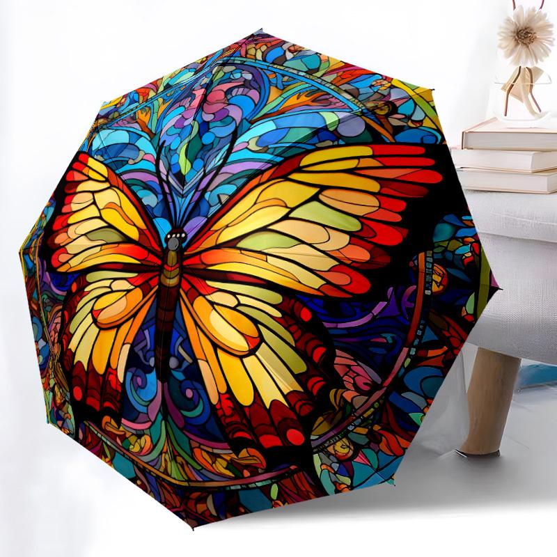 1pc Butterfly StainedGlass Automatic Open/close Umbrella, 8-Rib sturdy structure, Auto Folding/Opening, Portable Travel Umbrella for Women, Parties022