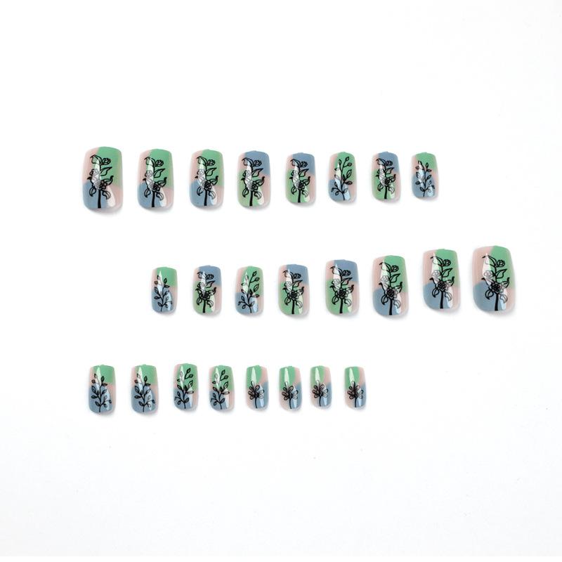 Nail Piece Blue-green Contrasting Color Hand-painted Leaves Flower Nail Piece Manicure Press On Nails