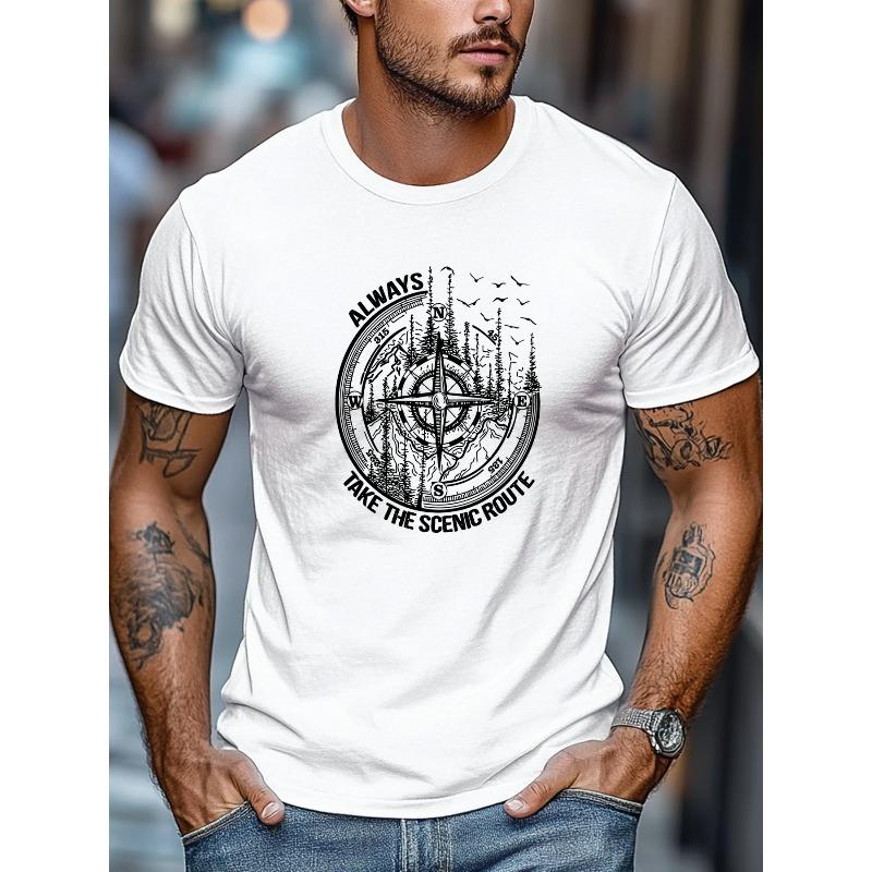 Men'S T-Shirt, Easygoing And Casual, Featuring The 'ALWAYS TAKE THE SCENIC ROUTE' Design, Perfect for Summer with a Round Neck And Short Length