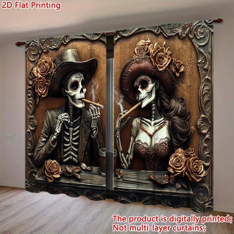 British Skull Pattern Printed Curtains Window Decorations Home Room Curtain Set Of 2 Made Polyester Washable