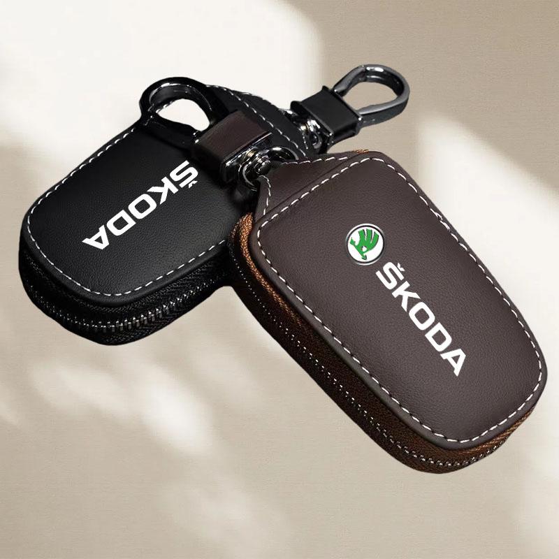 LQLT3 Leather Car Key Case Keychain for Skoda Kodiaq Rapid Fabia Enyaq Superb Octavia Karoq Key Cover Protector Bag Accessories